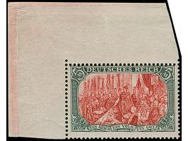 1905/12, 5 M. grünschwarz/dunkelkarmin (Mittelstück gelblichrot quarzend) aus der linken oberen Bogenecke, postfrisch und in 
