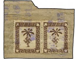 1943, Tunis-Päckchenmarke auf mittelchormgelbem, wabenartig genetztem Papier, waagerechtes Paar, Feld 69-70, auf kleinem Verp