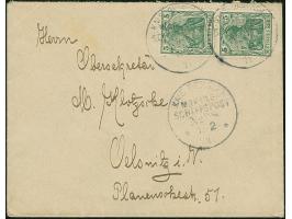 “MSP No. 28. 13.2.11” (SMS Emden) mehrfach auf Deutsches Reich Germania 5 Pfg. im senkrechten Paar auf Briefkuvert mit rückse