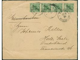 1900, Steilaufdruck 5 Pfg., zwei senkrechte Paar mit Stempel “SAIPAN MARIANEN 12.9.00” als tarifgerechte Mehrfachfrankatur au