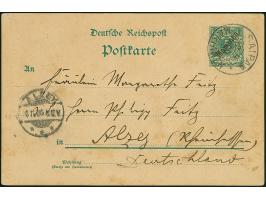 1900, Aufdruck-Karte 5 Pfg. ohne Wasserzeichen, gebraucht mit Stempel “SAIPAN MARIANEN 12.9.00” und viel Text nach Alzey mit 