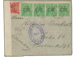 1918, ½ d. horizontal strip of four and 1 d., all tied by cds. “RABAUL 20 SE 20” to envelope to Berlin, censor tape and viole