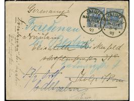 1890, Krone/Adler 20 Pfg. violettultrmarin, zwei Einzelmarken mit Stempel “JAULUIT MARSCHALL-INSELN 3.4.93” auf Brief der 2. 