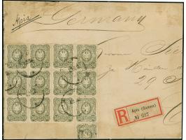 1887, 50 Pfg. (dunkel)oliv im 12er-Block und eine halbierte Marke je mit Stempel “APIA 12.12.” (ohne Jahreszahl vom Ersttag) 