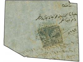 1863, 1 pia. tete-beche pair double bisect cut on bottom and top, tied to large piece by blue ‘Battal’ cancellation with part