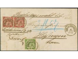 1868, 1 Kr. und waagerechtes Paar 3 Kr., mit klar auf- und nebengesetztem EKr. "DONAUESCHINGEN 17 FEB" (1871) auf komplettem 