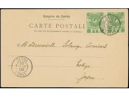 1900, Plum Blossoms 1 ch., horizontal pair of fresh colours, neatly tied by cds. “SEOUL 20 JANV 02 COREE” to illustrated post