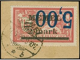 1922, 5,00 auf 2 M. auf 1 Fr. mit kopfstehendem Aufdruck “5,00”, klar mit Stempel “MEMEL **b 27.6.22” auf Briefstück. Die Mar