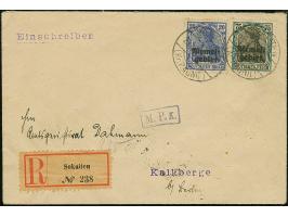 “SOKAITEN (Kr. RAGNIT) 25.8.20” zweimal klar auf Germania-Aufdruckausgabe 1920 20 und 75 Pfg. auf etwas überfrankiertem R-Bri