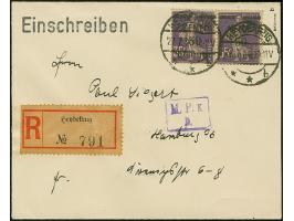 1920, 50 pf auf 35 C. (dunkel)rotviolett im waagerechten Paar mit Stempel “HEYDEKRUG **b 25.10.20” auf etwas überfrankiertem 