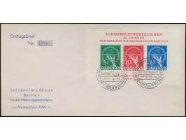 1949, Währungsgeschädigten-Block mit 10 Pfg. mit Plattenfehler “grüner Punkt rechts am Handgelenk sowie Bruch der Außenlinie 
