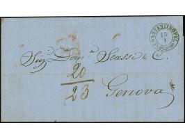 1864, Portobrief mit “CONSTANTINOPEL 15 1” nach Genova, Königreich Italien, handschriftliche Taxierung 20/23, über Ancona mit