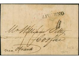 1817, entire letter from “LIVORNO” via Otranto to Corfu, taxed in transit in Neapel “10” Grana with reverse red “NAP(OLI) 27 
