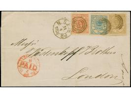 1864, 2 sk. blue, 4 sk. red and 8 skilling ocre, tied by duplex "229/N.SJ.JB.P.B. 14/4"(1870) to letter sheet to London. Fine