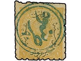 "HIRSOVA", all arabic double-circle, clear and complete strike in blue on 1869/71, 1 pia. yellow. Extremely rare. Certificate