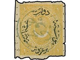 "TULCA", all arabic double-circle, clear and complete strike in blue on 1869/71, 1 pia. Extremely rare. Certificate Nakri AIE