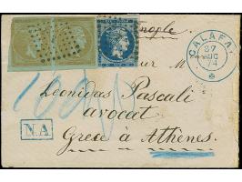 1874, cover with blue c.d.s. "CALAFAT 27 AUG 74", via Orsova and Triest to Athens, here franked with 1872/76, 40 l. in horizo