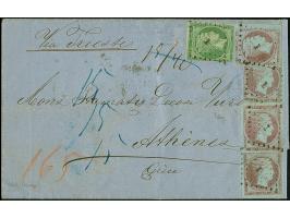 1861, entire letter with blue c.d.s. "GALATZ.." (beneath Greek stamps), via Triest to Athens, here franked with 1861, First A