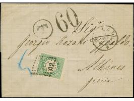 1876, unpaid entire letter from Galatz via Triest &nbsp;to Athens, with circular "T" and Greek black handstamp "60", paid wit