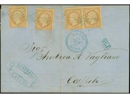 GALATZ: "5085", GC in blue, clear on horizontal pair and 2 singles Napoleon perforated 10 c. bistre, on letter sheet with adj