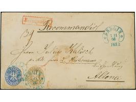 “BERLIN ** 7.11.66” (Spalink 1N1b) mehrfach in blau auf Preussen Wappen 2 und 3 Sgr. als tarifgerechte Frankatur auf R-Briefk