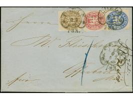 “COELN** &nbsp;6.7.65” (Spalink 4-1), mehrfach auf Preußen Wappen 1 Sgr. mittelrosa, 2 Sgr. ultramarin und 3 Sgr. graubraun a