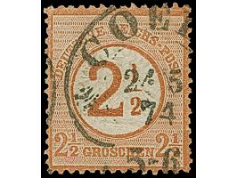 “COELN** 24.5.74” (Spalink 4-2N2) zweimal klar auf zwei losen Marken Ausgabe 1874 2½ auf 2½ Gr. rötlichbraun. Die farbfrische