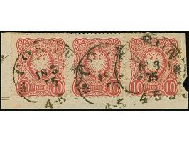 “COELN** 18.3.75” (Spalink 4-2N2) mehrfach etwas undeutlich auf waagerechtem Dreierstreifen 10 Pfge mattrot auf Briefstück. B