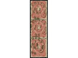 “COELN *1c 16.8.76” (Spalink 4-7Ny) mehrfach recht klar auf senkrechtem Dreierstreifen 10 Pfge karmin. Die farbfrischen Marke