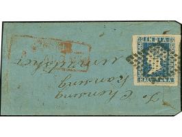 1854, Lithographs, ½ a. blue, die I, good to large margins, tied by diamond of dots to blue miniature envelope with adjacent 