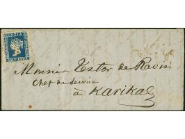 1854, Lithographs, ½ a. blue, die I, good to large margins, used with diamond of dots to letter from Pondicherry to Karical

