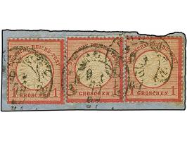 “COELN 9.1.75” (Spalink 4-12) mehrfach recht klar auf drei Einzelmarken großer Schild 1 Gr. karmin (rechte Marke mit FZL 8ou)