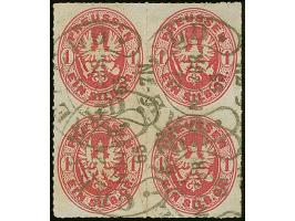 “CREFELD 21.NOBR.65” (Spalink 6-3) mehrfach klar auf Viererblock Preußen Wappen 1 Sgr. lilarot. Die farbfrische Einheit hat r