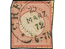 “CREFELD 24.MÄRZ.72” (Spalink 6-4) klar auf kleiner Schild 1 Gr. rötlichkarmin auf Briefstück. Die farbfrische Marke ist gut 