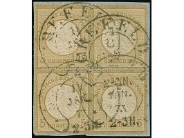 “CREFELD 11.JAN.73” (Spalink 6-4) viermal recht klar auf zwei senkrechten Paaren kleiner Schild 5 Gr. ockerbraun, als Viererb