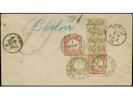 “CREFELD BHF. 1.DECBR. 72” (Spalink 6-8) mehrfach klar auf kleiner Schild 1 Gr. und 5 Gr. sowie großer Schild 2½ lilabraun in