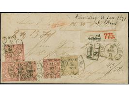 “DÜSSELDORF 22.JAN.71” (Spalink 11-2) mehrfach klar auf zwei Einzelmarken und angetrenntem Paar ¼ Gr. karminrot sowie Einzelm