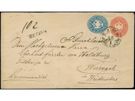 10 Kr. blau, zwei Einzelwerte, beide farbfrisch und gut gezähnt, als Zufrankatur auf Ganzsachenumschlag 5 Kr. rosa als rekomm