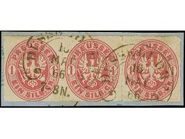 “DÜSSELDORF 16.MAI.66” (Spalink 11-5) zweimal klar auf waagerechtem Dreierstreifen Preußen 1 Sgr. lilarot auf Briefstück in e