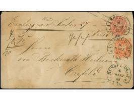 “DÜSSELDORF 4.MÄRZ.67” (Spalink 11-5) mehrfach klar auf Preußen Ganzsachenumschlag 1 Sgr. mit Zufrankatur 6 Pfg. orange als W