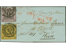 3 Kr. auf orangegelb und 9 Kr. auf altrosa, mit Nr. "25" und nebengesetztem roten L2 "CONSTANZ 13. Mai" (1851) auf komplettem