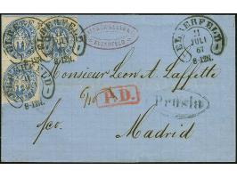 “ELBERFELD 11.JULI.67” Spalink 12-1) mehrfach klar auf waagerechtem Paar und Einzelmarke Preußen Wappen 2 Sgr. ultramarinblau