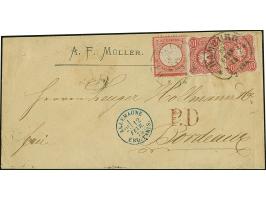 “HAMBURG** 10.FEBR.75” (Spalink 17-7) unterschiedlich klar auf großer Schild 1 Gr. karmin und zwei Einzelmarken 10 Pfge bräun