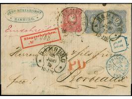 “HAMBURG** 28.JUNI.75” (Spalink 17-8) mehrfach klar auf 10 Pfge karmin und mit waagerechtem Paar 20 Pfge trübultramarin (rech