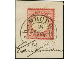“HAMBURG-L.E. 24.DECBR.74” (Spalink 17-11) komplett und sehr klar auf großer Schild 1 Gr. karmin auf Briefstück. Die farbfris