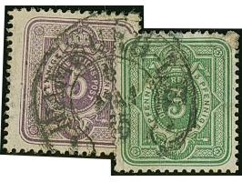 “HAMBURG-L.E. 6.MAI.75” (Spalink 17-12) ohne Zeitgruppenriegel recht klar übergehend auf losen Marken 3 Pfge stumpfgrün und 5