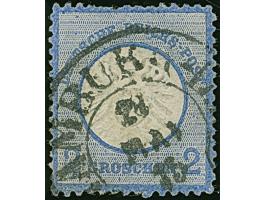 “HAMBURG-L.E. 21.MAI.75” (Spalink 17-13) ohne Zeitgruppenriegel klar auf loser Marke großer Schild 2 Gr. grauultramarin. Die 