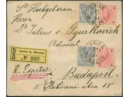 10 Kr. mittelviolettultramarin/schwarz (zwei Einzelwerte) als Zufrankatur mit 5 Kr. mittelkarmin/schwarz (2) auf eingeschrieb