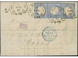 “METZ 10.AUG.72” (Spalink 25-1) mehrfach klar auf drei Einzelmarken kleiner Schild 2 Gr. grauultramarin als tarifgerechte Meh