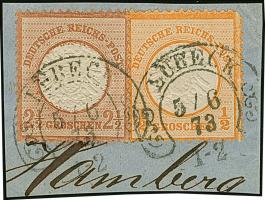 “LÜBECK 5.6.73” (Spalink 22-2) zweimal klar auf großer Schild 2½ Gr. mittelrötlichbraun und ½ Gr. orange auf Briefstück. Die 